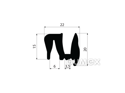 Pryžový profil do oken dopravních prostředků bez klínku, 20x22/6/3,5mm, 70°ShA, EPDM, -40°C/+100°C, černý